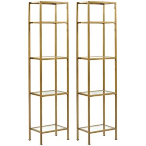 bowery hill 4 shelf narrow glass etagere bookcase in soft gold (set of 2)