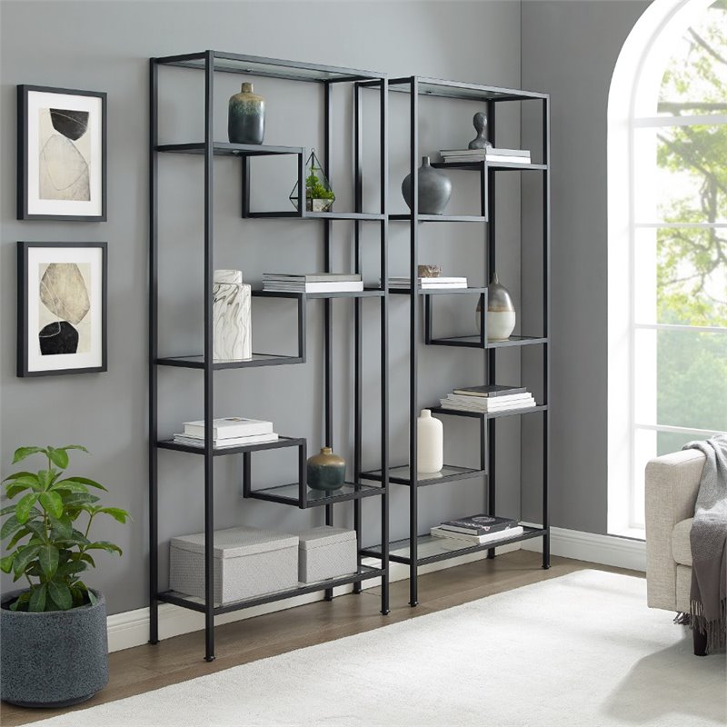 Bowery Hill 14-Shelf Modern Metal Etagere in Matte Black (Set of 2)