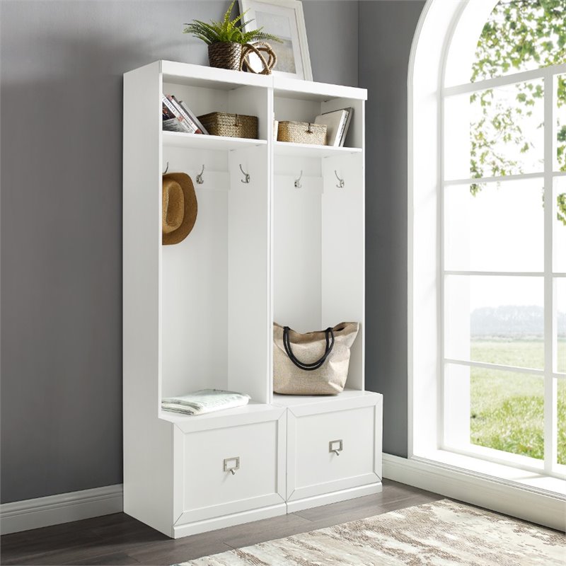 Bowery Hill 2-Piece Modern Wood Entryway Set with Coat Rack Hooks in White