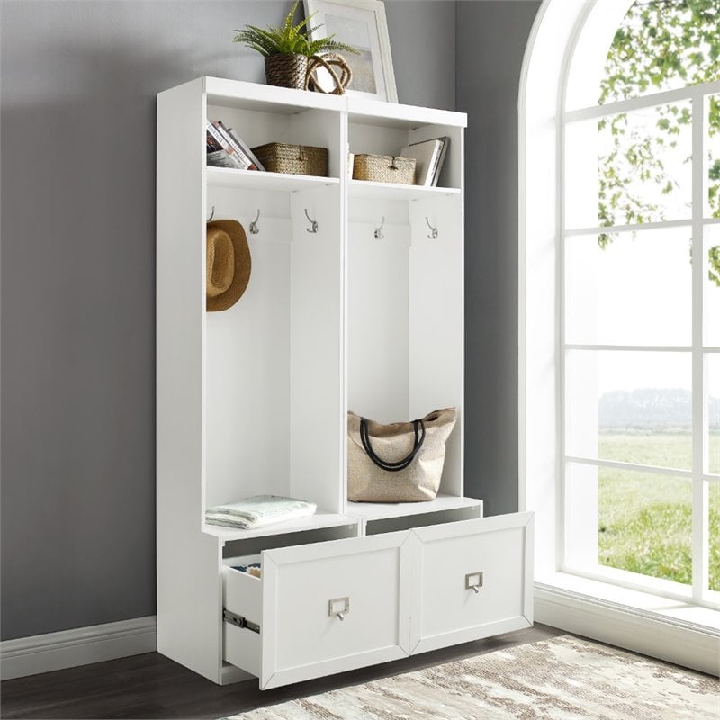 Bowery Hill 2-Piece Modern Wood Entryway Set with Coat Rack Hooks in White