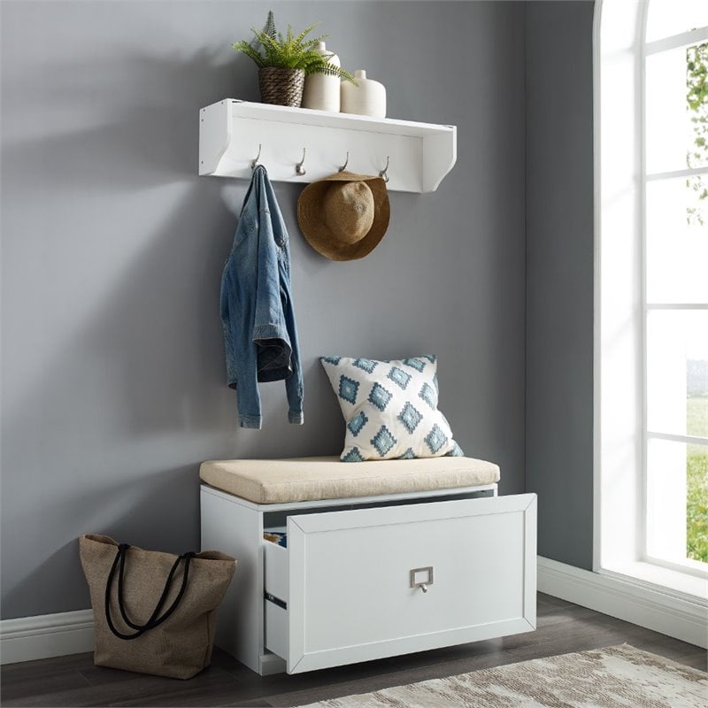 Bowery Hill 2-Piece Modern Wood/Linen Entryway Set in White/Tan