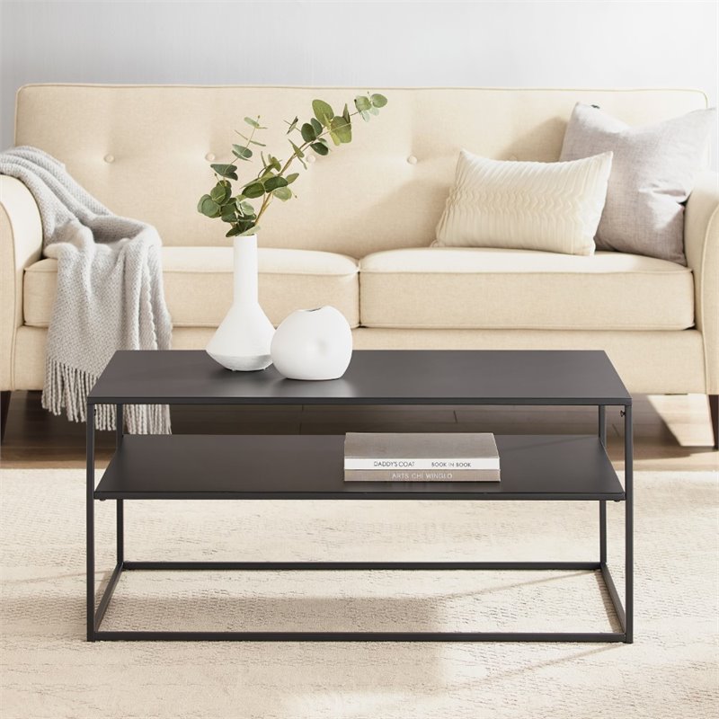 Bowery Hill Modern Metal Coffee Table with Shelf in Matte Black