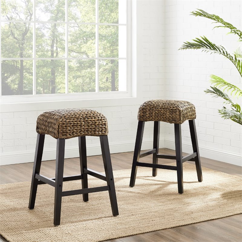 Bowery Hill Wood Bar Stool Chair Set of 2 in Black With Square Seat & Footrest