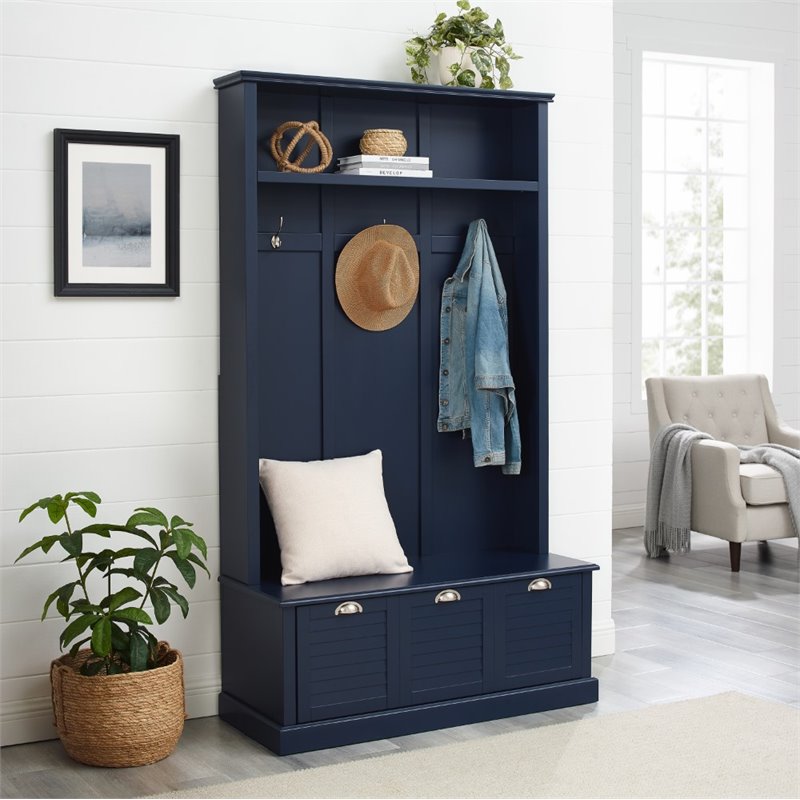 Bowery Hill Coastal Wood Hall Tree with Drawers in Navy/Chrome