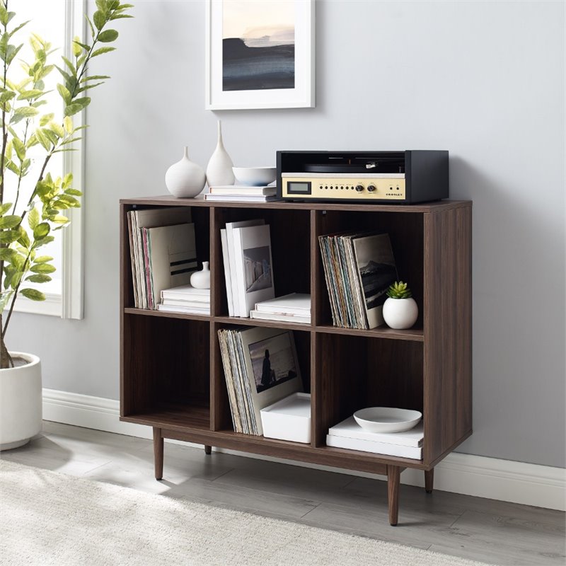 Bowery Hill 6-Cubby Cube Wood Record Storage Bookcase in Walnut