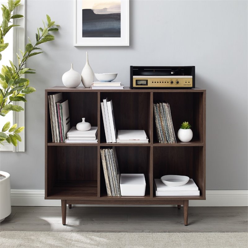 Bowery Hill 6-Cubby Cube Wood Record Storage Bookcase in Walnut