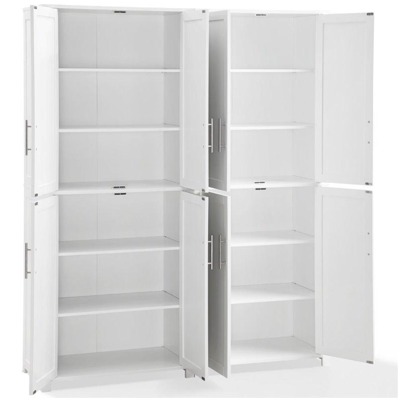 Bowery Hill 4-Cabinet Wood Tall Pantry in White/Chrome (Set of 2)