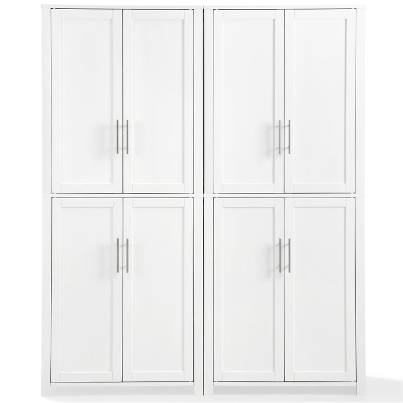 Bowery Hill 4-Cabinet Wood Tall Pantry in White/Chrome (Set of 2)