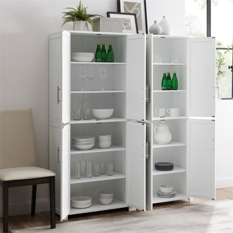 Bowery Hill 4-Cabinet Wood Tall Pantry in White/Chrome (Set of 2)