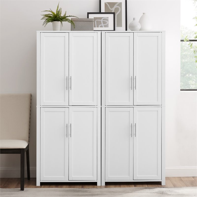 Bowery Hill 4-Cabinet Wood Tall Pantry in White/Chrome (Set of 2)