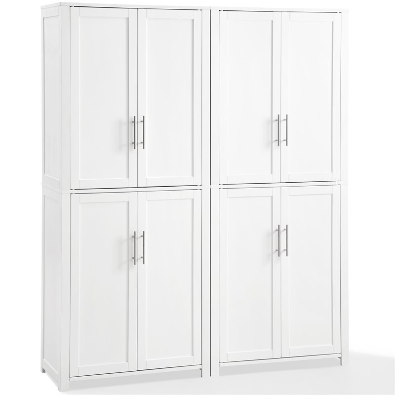 Bowery Hill 4-Cabinet Wood Tall Pantry in White/Chrome (Set of 2)