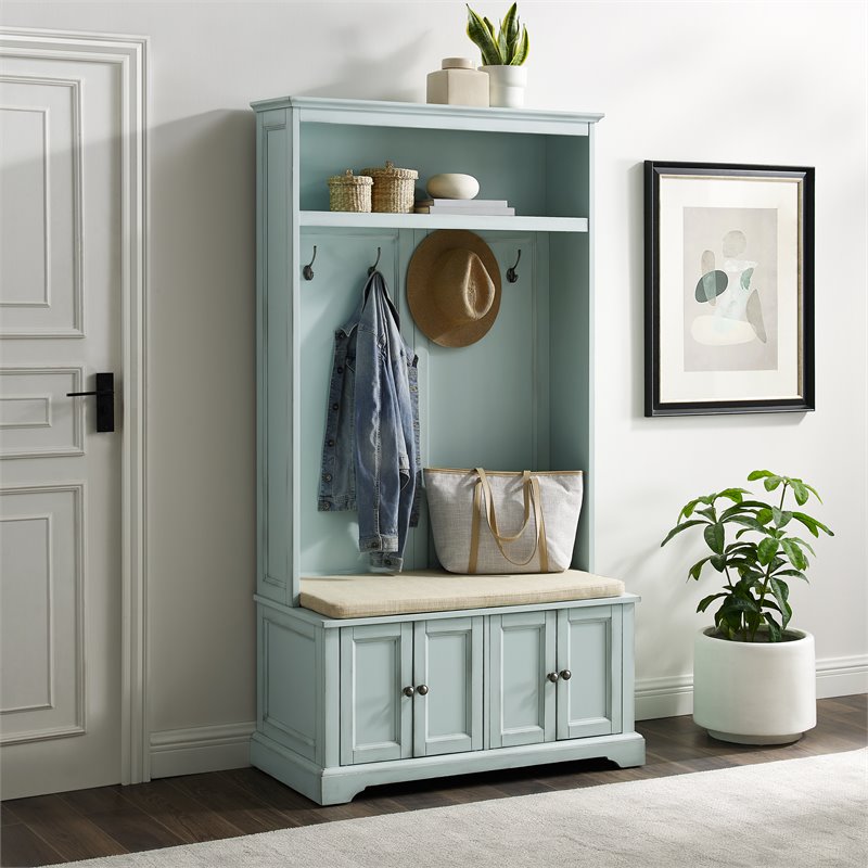 Bowery Hill Traditional Wood Hall Tree in Seafoam Blue/Oatmeal