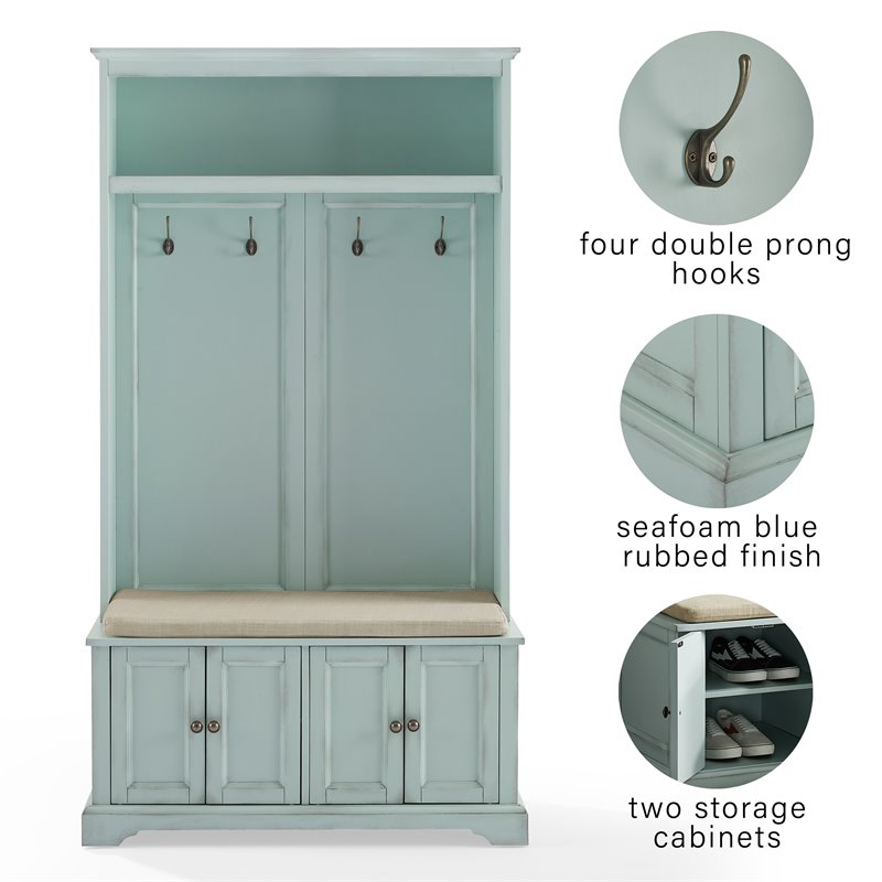 Bowery Hill Traditional Wood Hall Tree in Seafoam Blue/Oatmeal