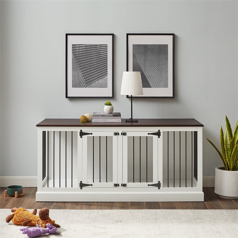 Bowery Hill Medium Traditional Wood Credenza Pet Crate in White/Dark Brown