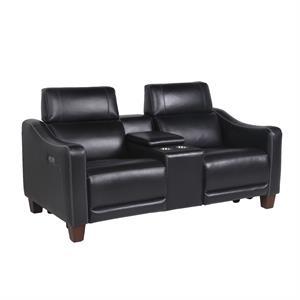 bowery hill transitional power console leather loveseat in black