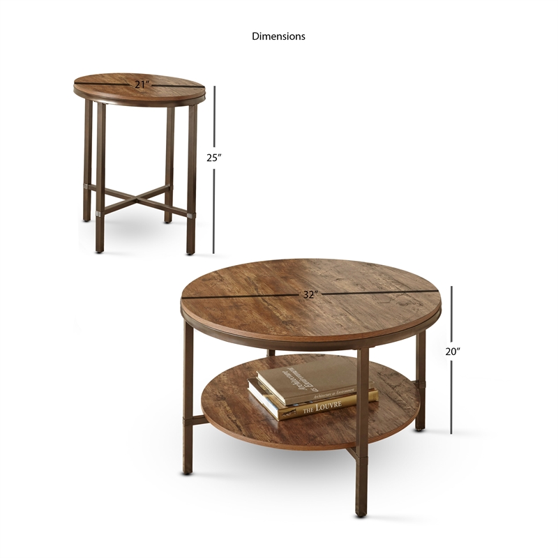 Bowery Hill Transitional 3-Piece Round Wood and Metal Coffee Table Set in Brown