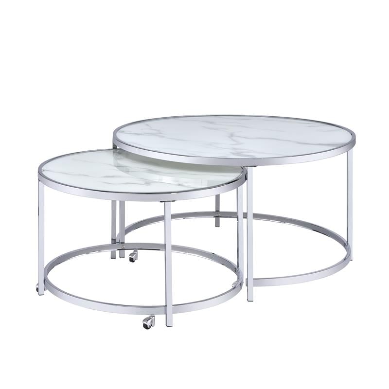 Bowery Hill Transitional Faux Marble Nesting Cocktail Tables in White