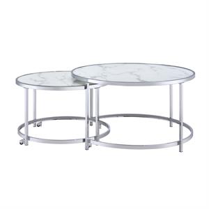 Bowery Hill Transitional Faux Marble Nesting Cocktail Tables in White