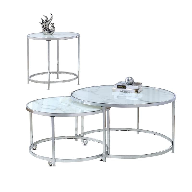 Bowery Hill Transitional Faux Marble Nesting Cocktail Tables in White