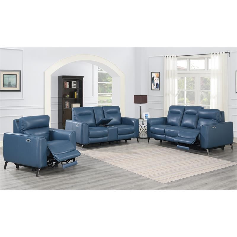Bowery Hill Modern Top Grain Leather 3-piece Power Reclining Set in Blue