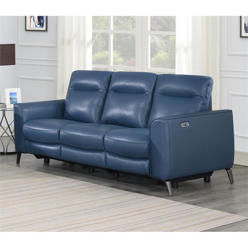 Bowery Hill Modern Top Grain Leather 3-piece Power Reclining Set in Blue