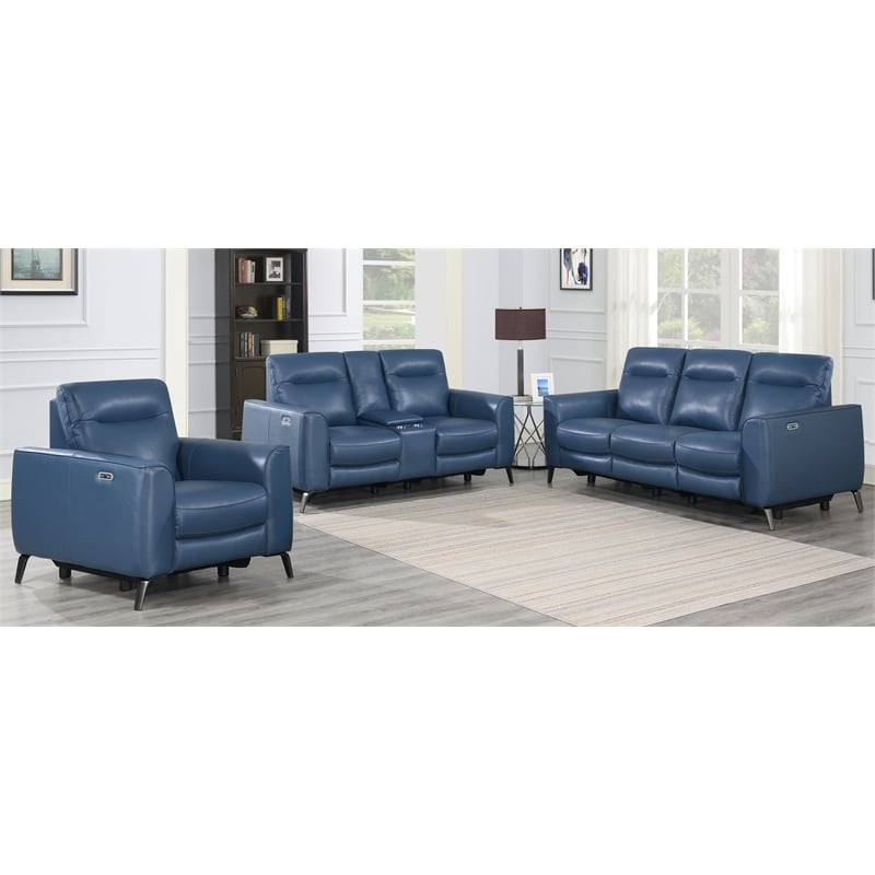 Bowery Hill Modern Top Grain Leather 3-piece Power Reclining Set in Blue