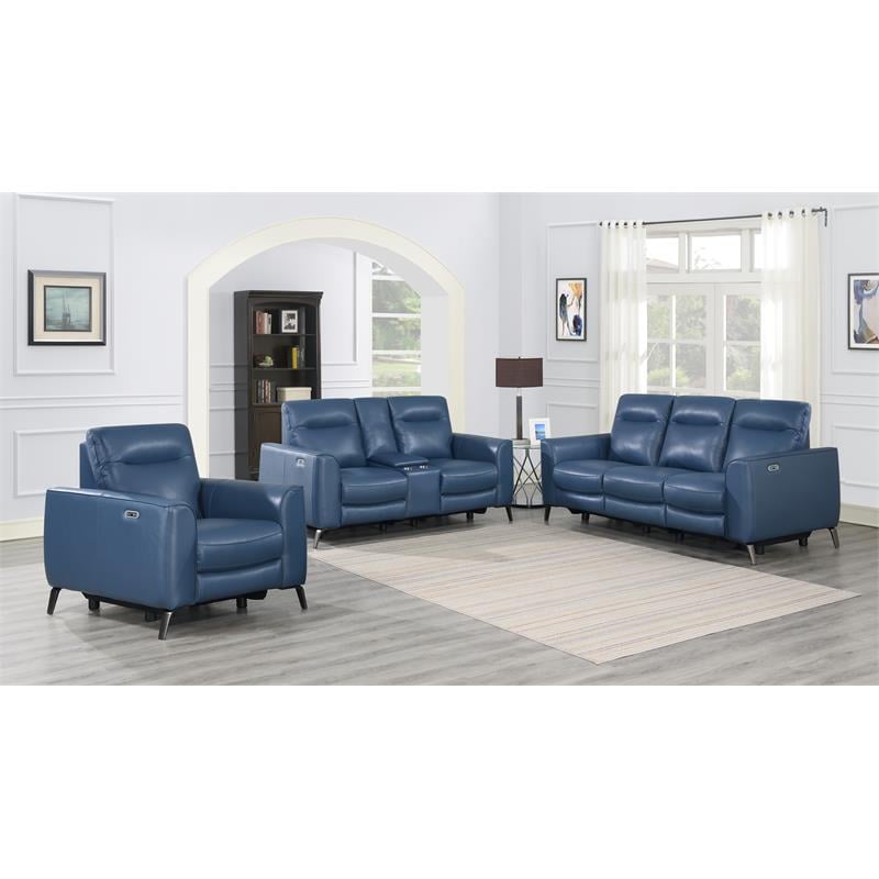 Bowery Hill Modern Top Grain Leather 3-piece Power Reclining Set in Blue