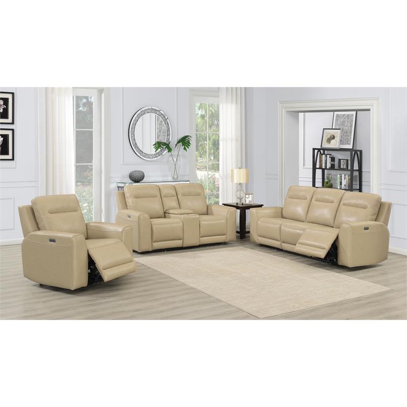 Bowery Hill Transitional Sand Leather Power Reclining 3-Piece Set in Beige