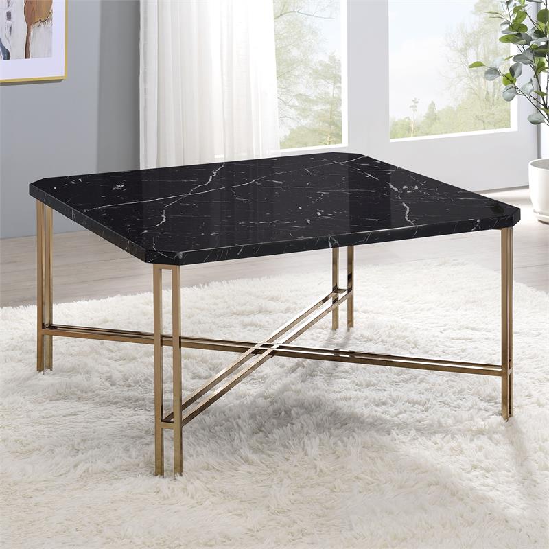 Bowery Hill Transitional Faux Marble Square Cocktail Table in Black