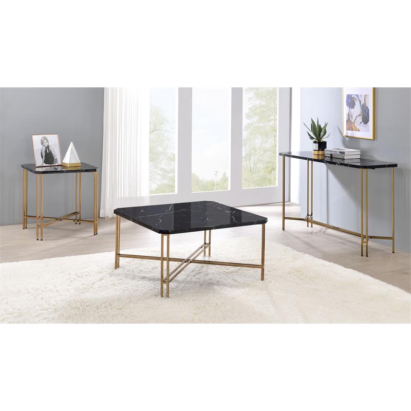 Bowery Hill Transitional Faux Marble Square Cocktail Table in Black