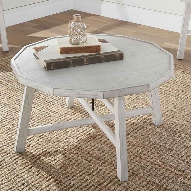 Bowery Hill Modern Wood Cocktail Table in Distressed Alabaster White