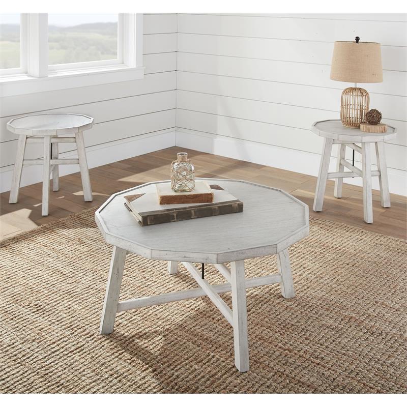 Bowery Hill Modern Wood Cocktail Table in Distressed Alabaster White