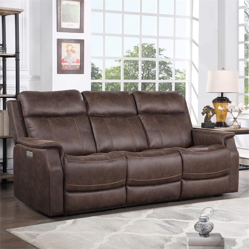Bowery Hill Contemporary Faux Leather Dual Power Reclining Sofa in Mahogany