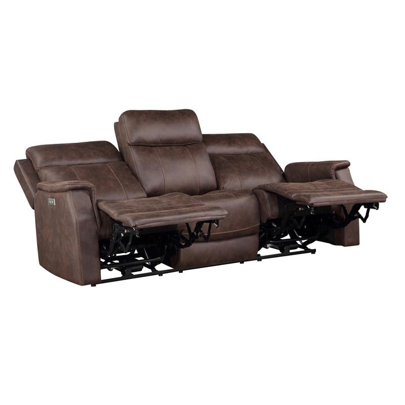 Bowery Hill Contemporary Faux Leather Dual Power Reclining Sofa in Mahogany