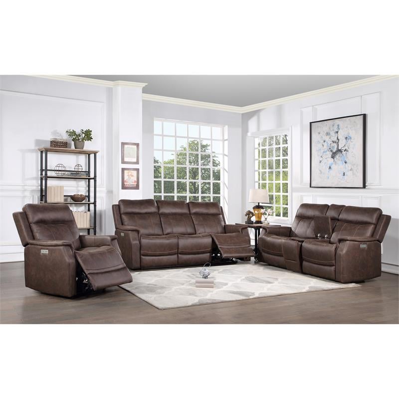 Bowery Hill Contemporary Faux Leather Dual Power Reclining Sofa in Mahogany