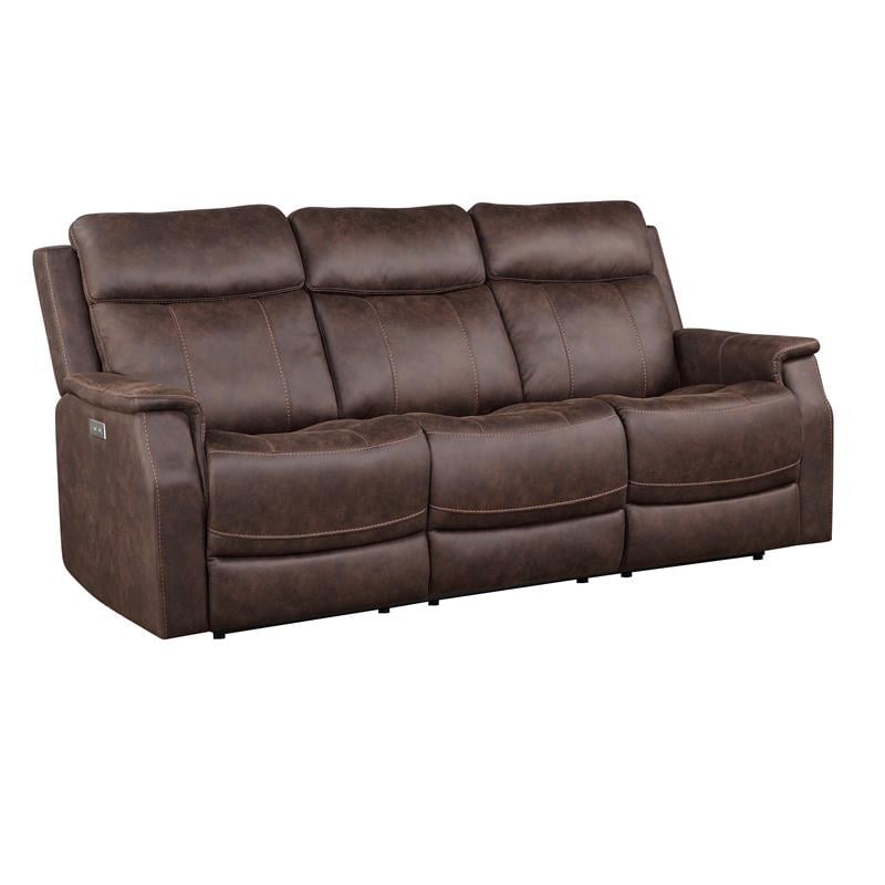 Bowery Hill Contemporary Faux Leather Dual Power Reclining Sofa in Mahogany