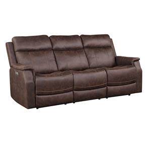 bowery hill contemporary faux leather dual power reclining sofa in mahogany