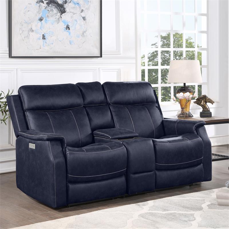 Bowery Hill Contemporary Faux Leather 3-piece Dual Power Reclining Set in Blue