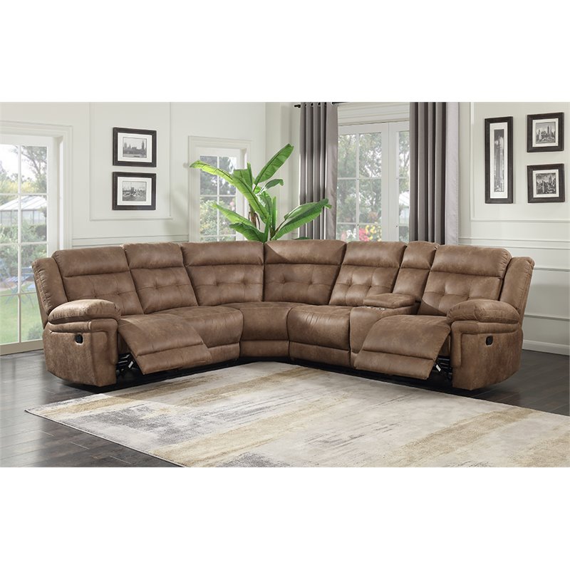 Bowery Hill Transitional 3-Piece Microfiber Reclining Sectional in Cocoa Brown