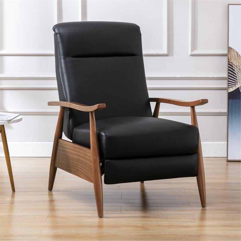 Bowery Hill Leather Wood Arm Push Back Recliner in Black Finish