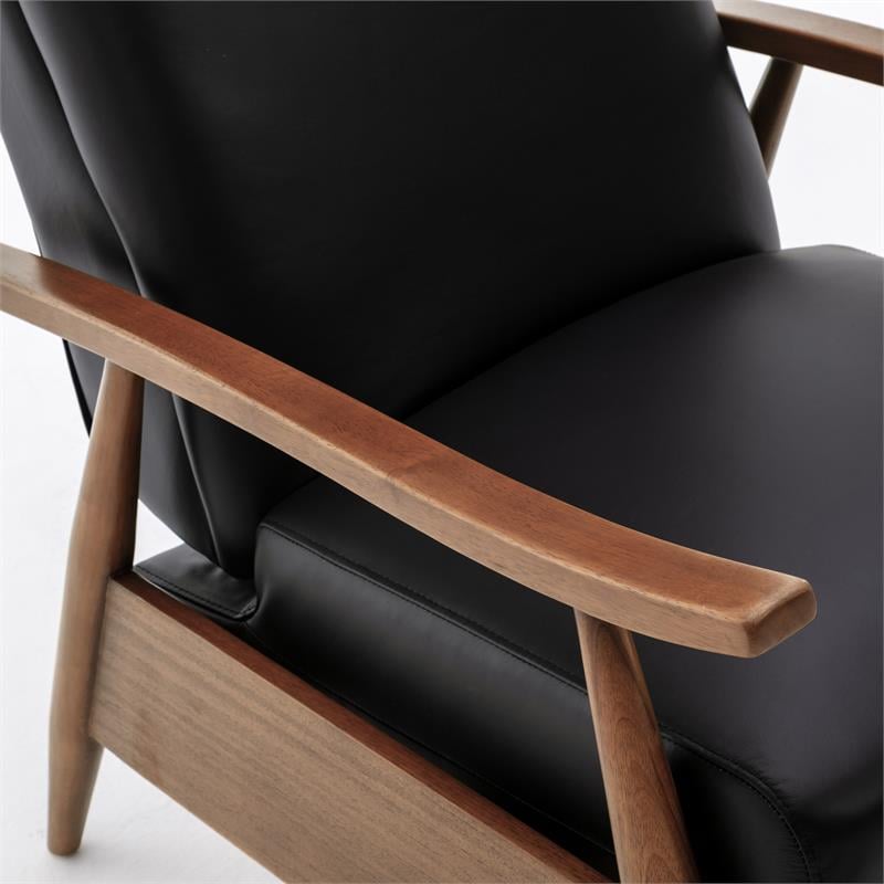 Bowery Hill Leather Wood Arm Push Back Recliner in Black Finish
