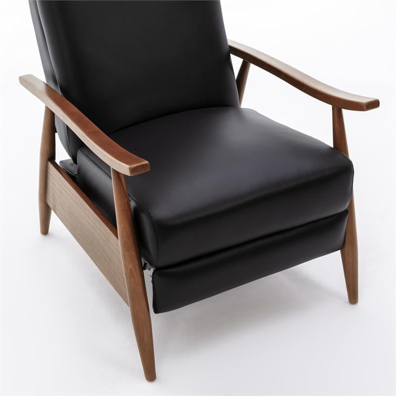 Bowery Hill Leather Wood Arm Push Back Recliner in Black Finish