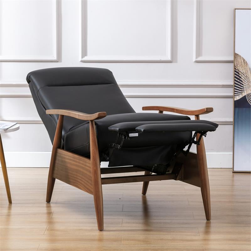 Bowery Hill Leather Wood Arm Push Back Recliner in Black Finish