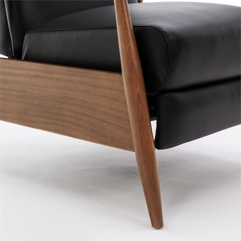 Bowery Hill Leather Wood Arm Push Back Recliner in Black Finish