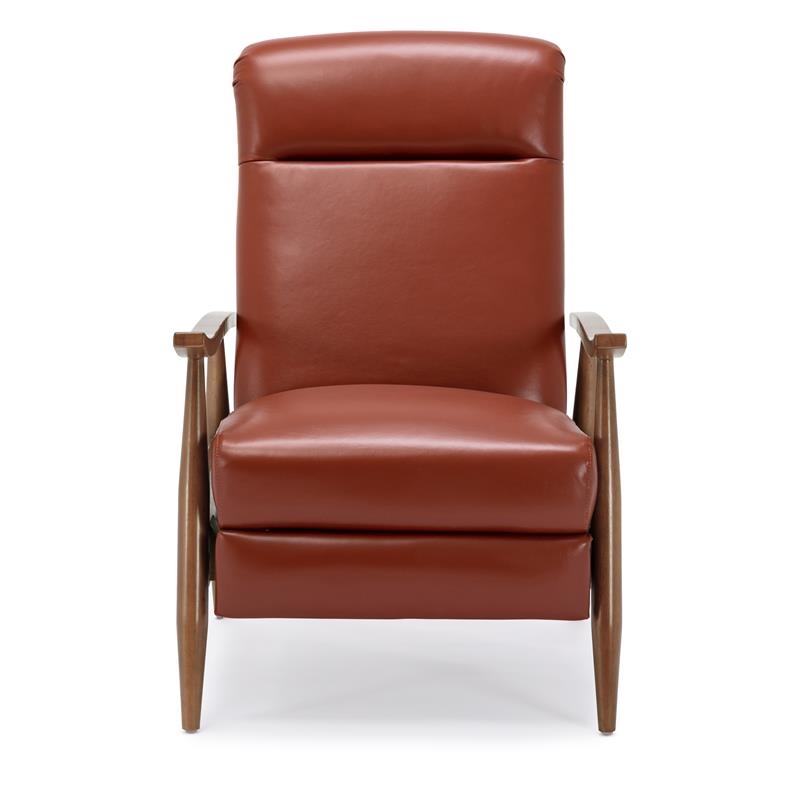 Bowery Hill Mid-Century Leather/Wood Arm Push Back Recliner in Caramel