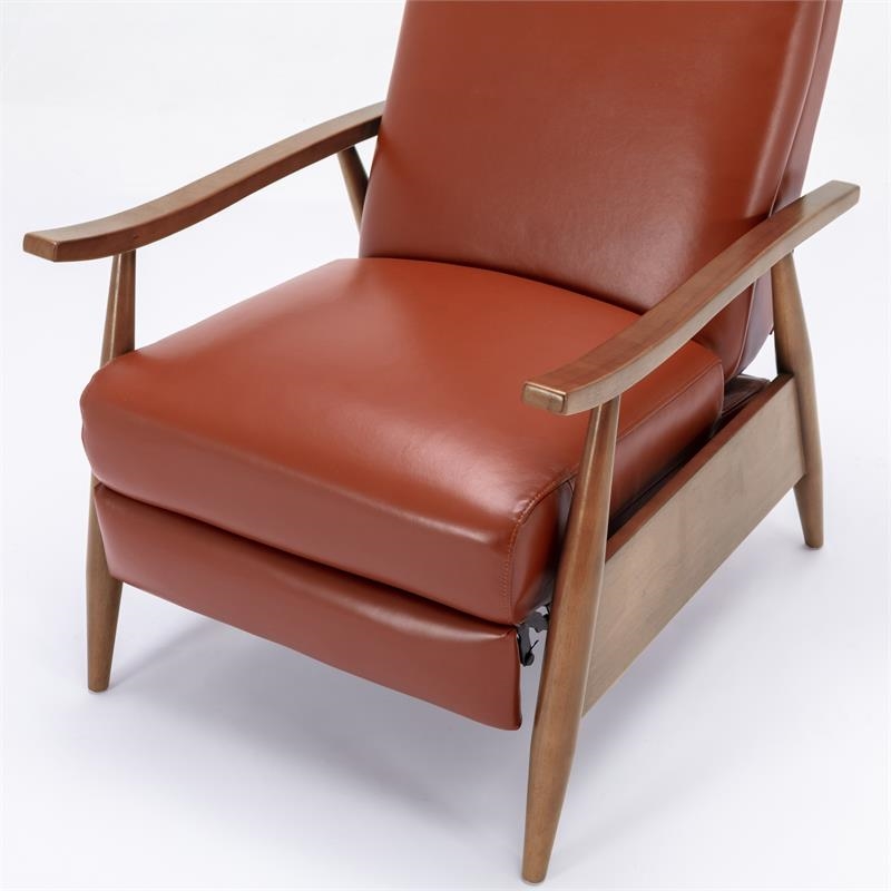 Bowery Hill Mid-Century Leather/Wood Arm Push Back Recliner in Caramel