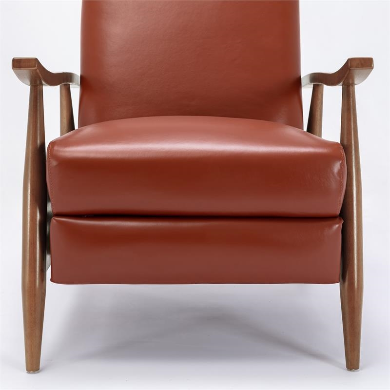Bowery Hill Mid-Century Leather/Wood Arm Push Back Recliner in Caramel