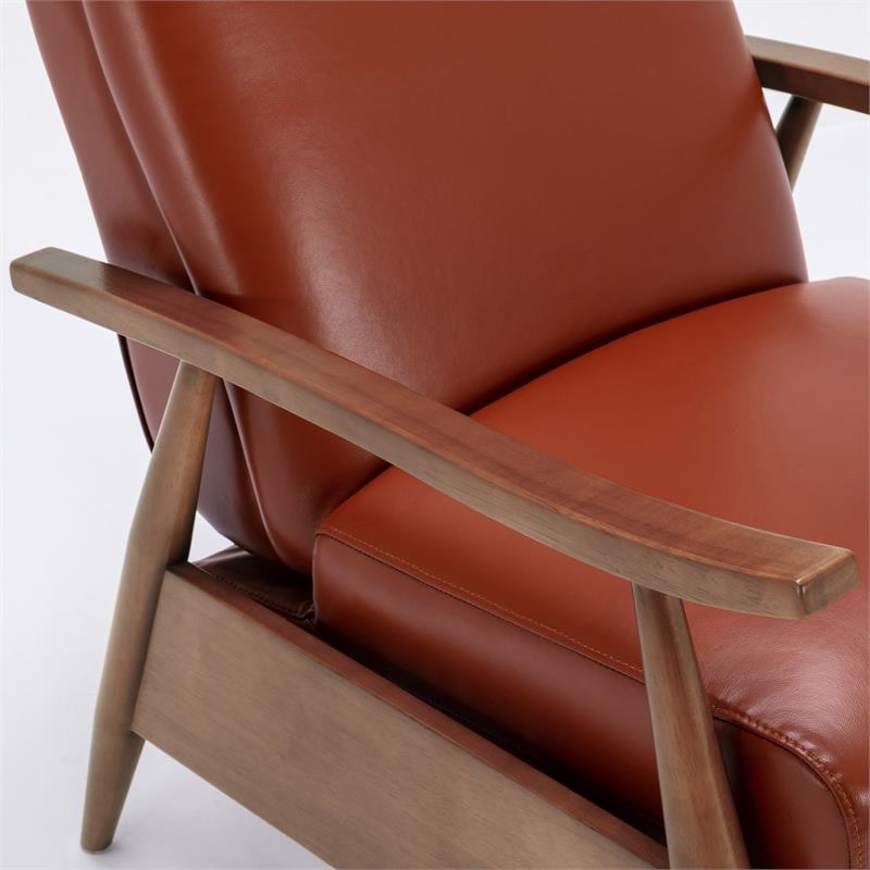 Bowery Hill Mid-Century Leather/Wood Arm Push Back Recliner in Caramel
