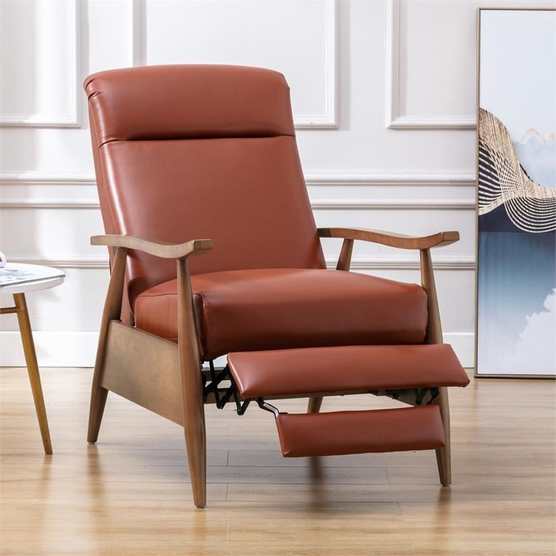 Bowery Hill Mid-Century Leather/Wood Arm Push Back Recliner in Caramel