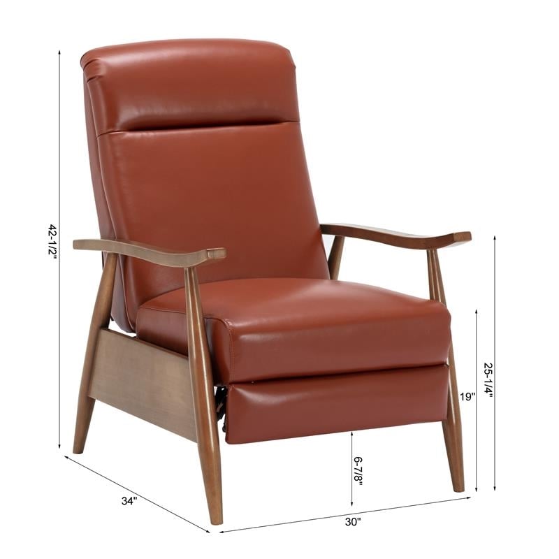 Bowery Hill Mid-Century Leather/Wood Arm Push Back Recliner in Caramel